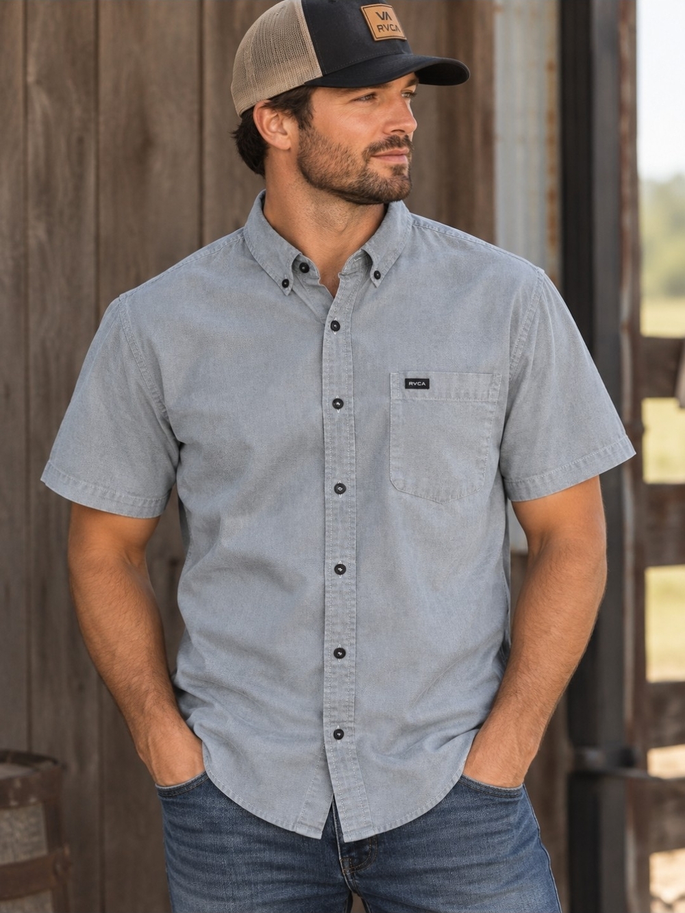 RVCA Men's Short Sleeve Slim Fit Button-Down Shirt in Light Gray